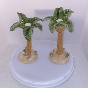 Lenox Vintage British Colonial Scenic Palm Tree Candlestick Holders Set Of 2